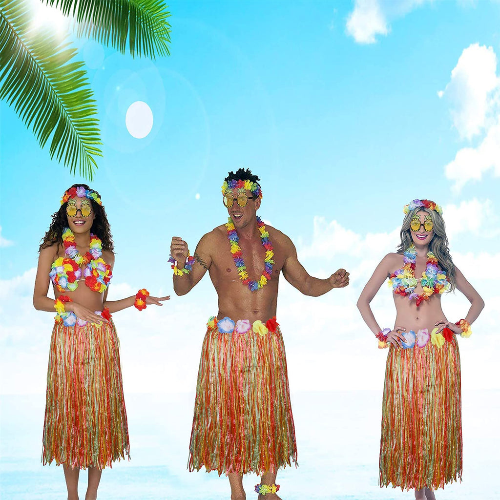 PHOGARY 8-Piece Hula Skirt Costume Kit for Luau Party with Flower Bikini Top and Hawaiian Lei