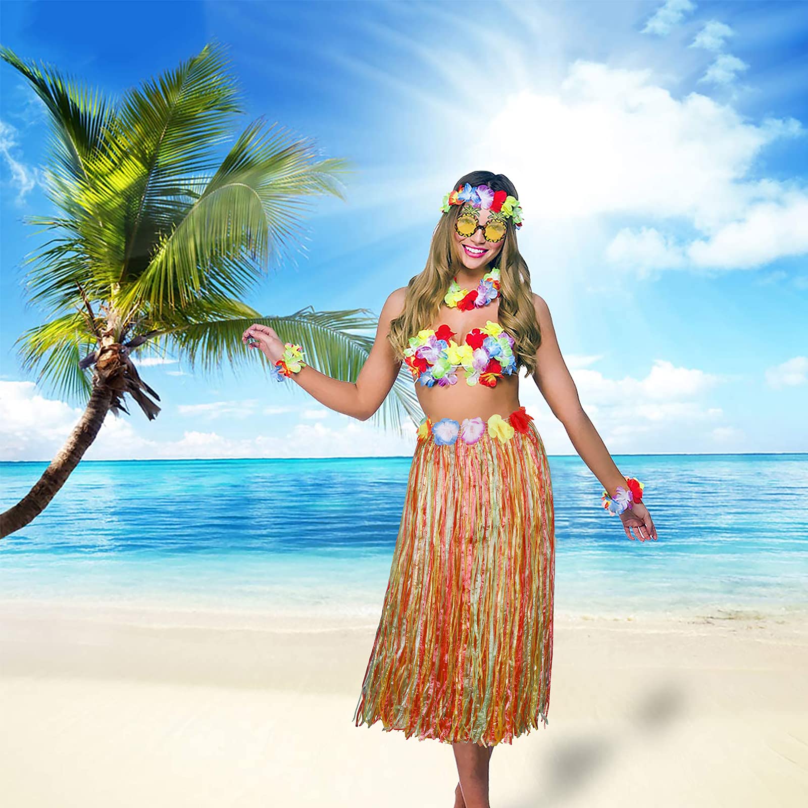 PHOGARY 8-Piece Hula Skirt Costume Kit for Luau Party with Flower Bikini Top and Hawaiian Lei