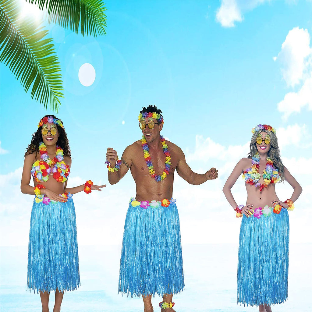 PHOGARY 8-Piece Hula Skirt Costume Kit with Flower Bikini Top, Lei, and Sunglasses for Luau Party