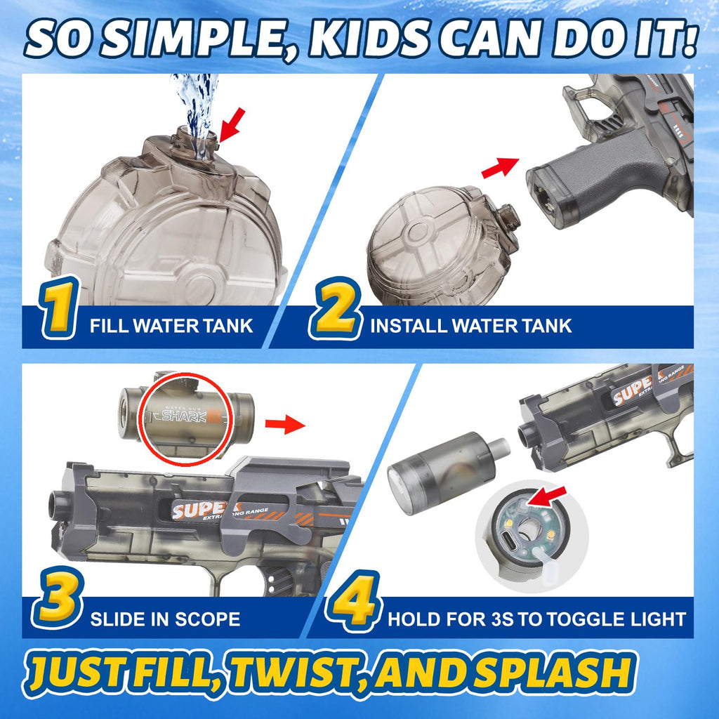 PhotonSplash Electric Water Gun – Rechargeable LED Blaster with 26-Foot Range, 325ml Tank, Gray