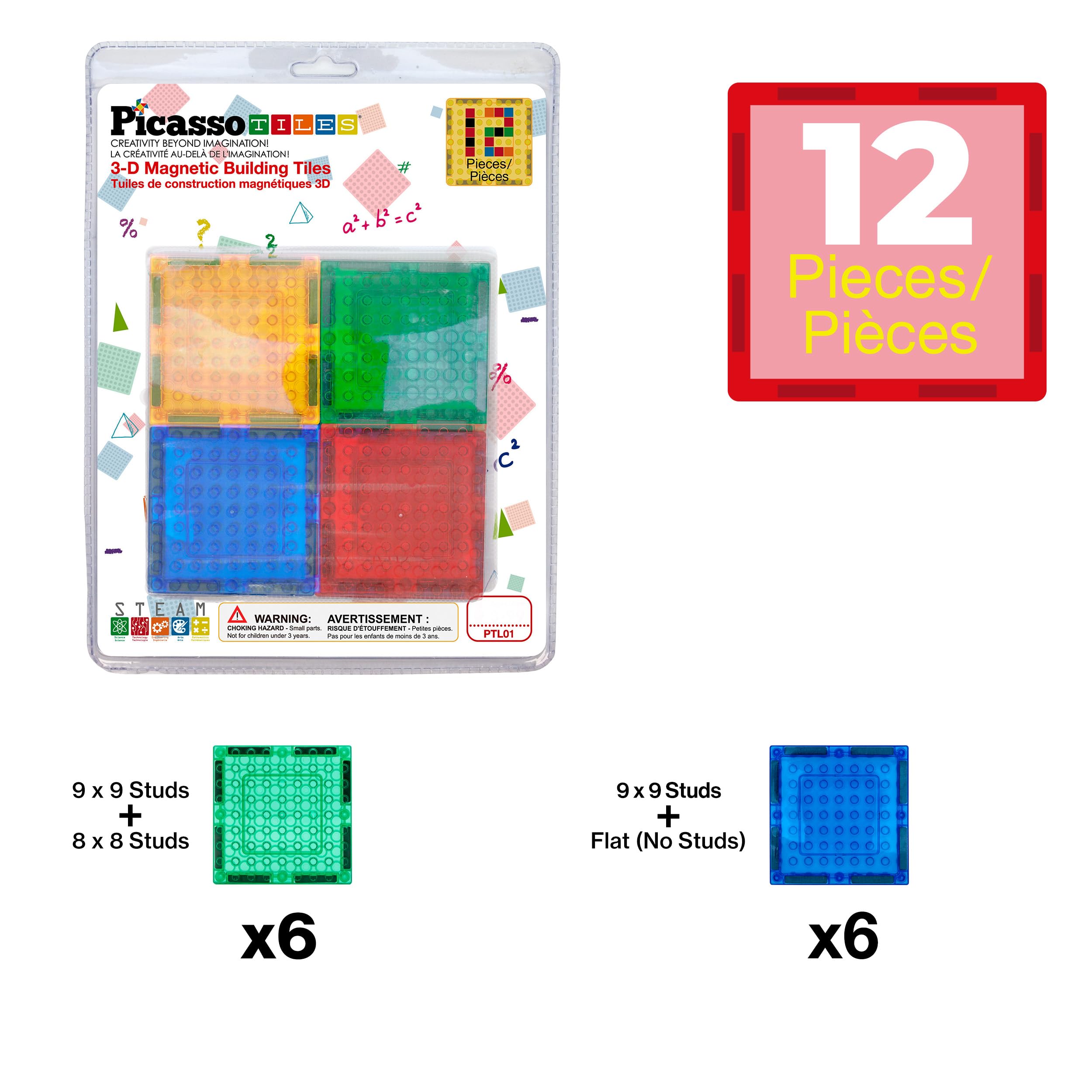 PicassoTiles 12-Piece Magnetic Brick Tiles Set – Compatible STEM Building Blocks with Strong Magnets
