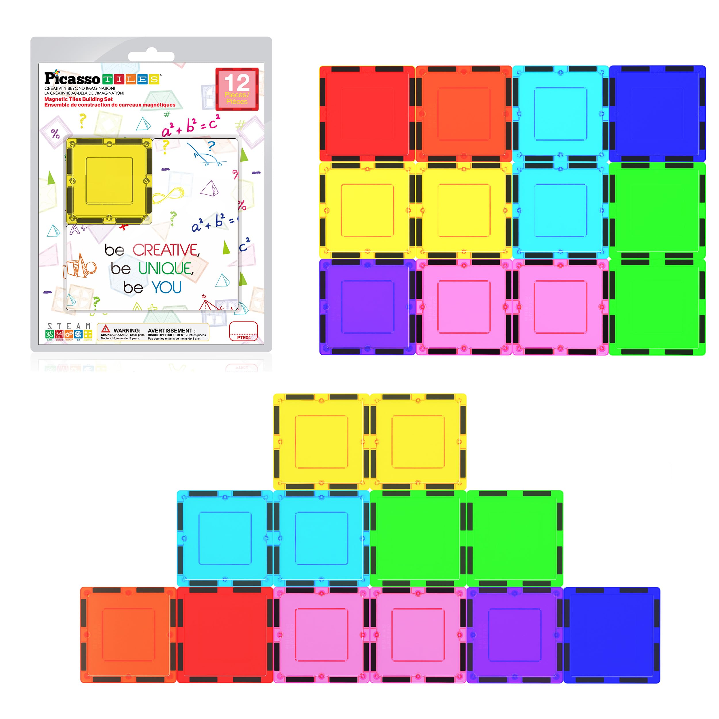 PicassoTiles 12-Piece Square Magnetic Tile Expansion Pack for Creative Building & STEM Play