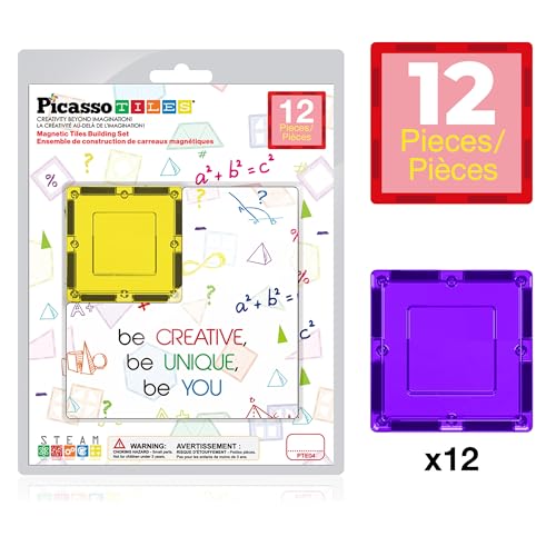 PicassoTiles 12-Piece Square Magnetic Tile Expansion Pack for Creative Building & STEM Play