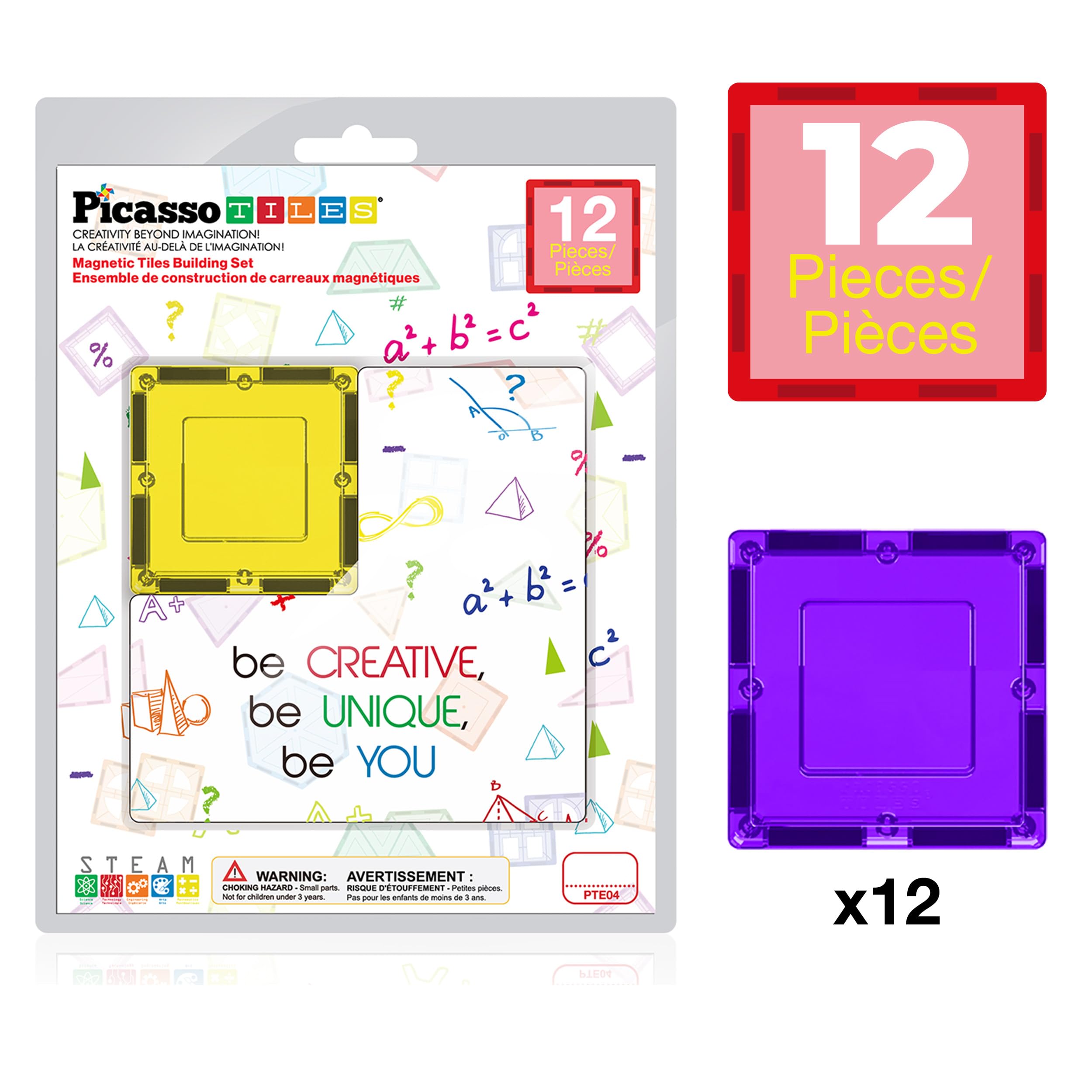 PicassoTiles 12-Piece Square Magnetic Tile Expansion Pack for Creative Building & STEM Play