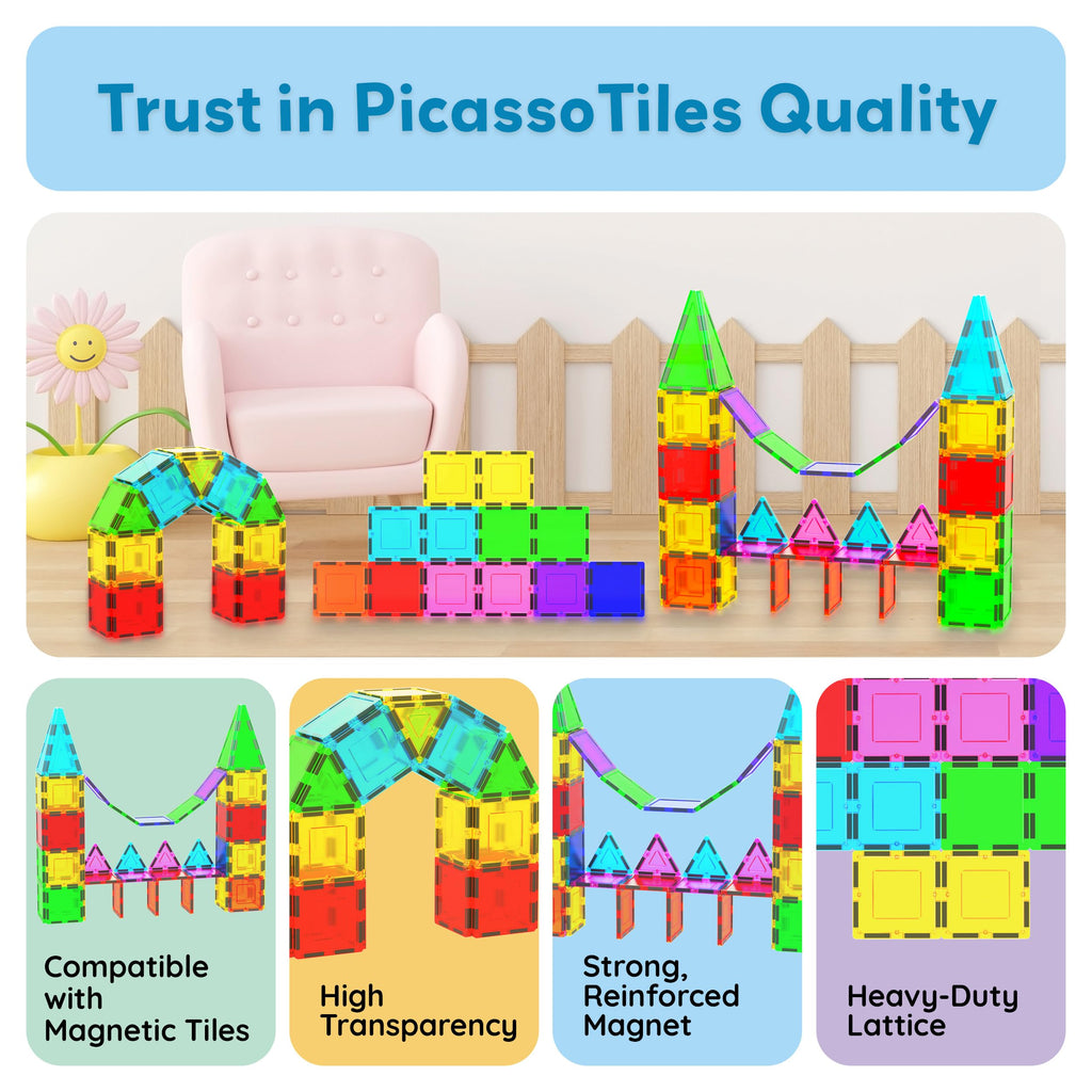 PicassoTiles 12-Piece Square Magnetic Tile Expansion Pack for Creative Building & STEM Play