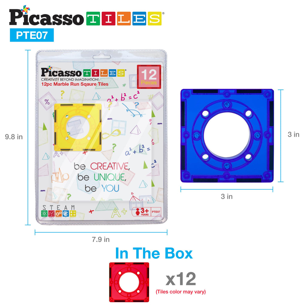 PicassoTiles 12-Piece Square Magnetic Tiles Expansion Pack for Marble Run and Building Blocks