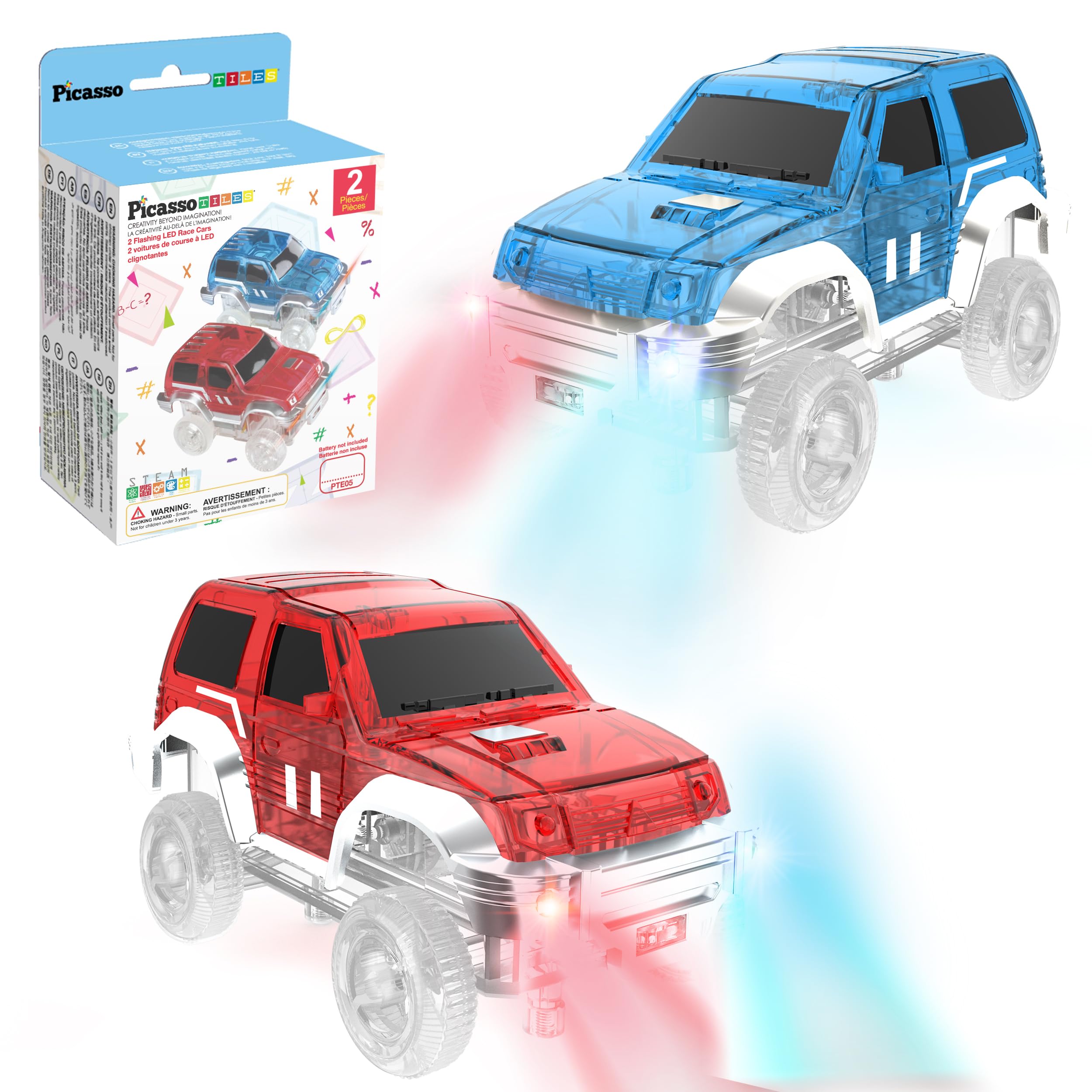 PicassoTiles 2-Pack Magnetic Toy Cars with LED Lights – Compatible with Magnet Race Track Sets, STEM Building Toy for Kids Ages 3+