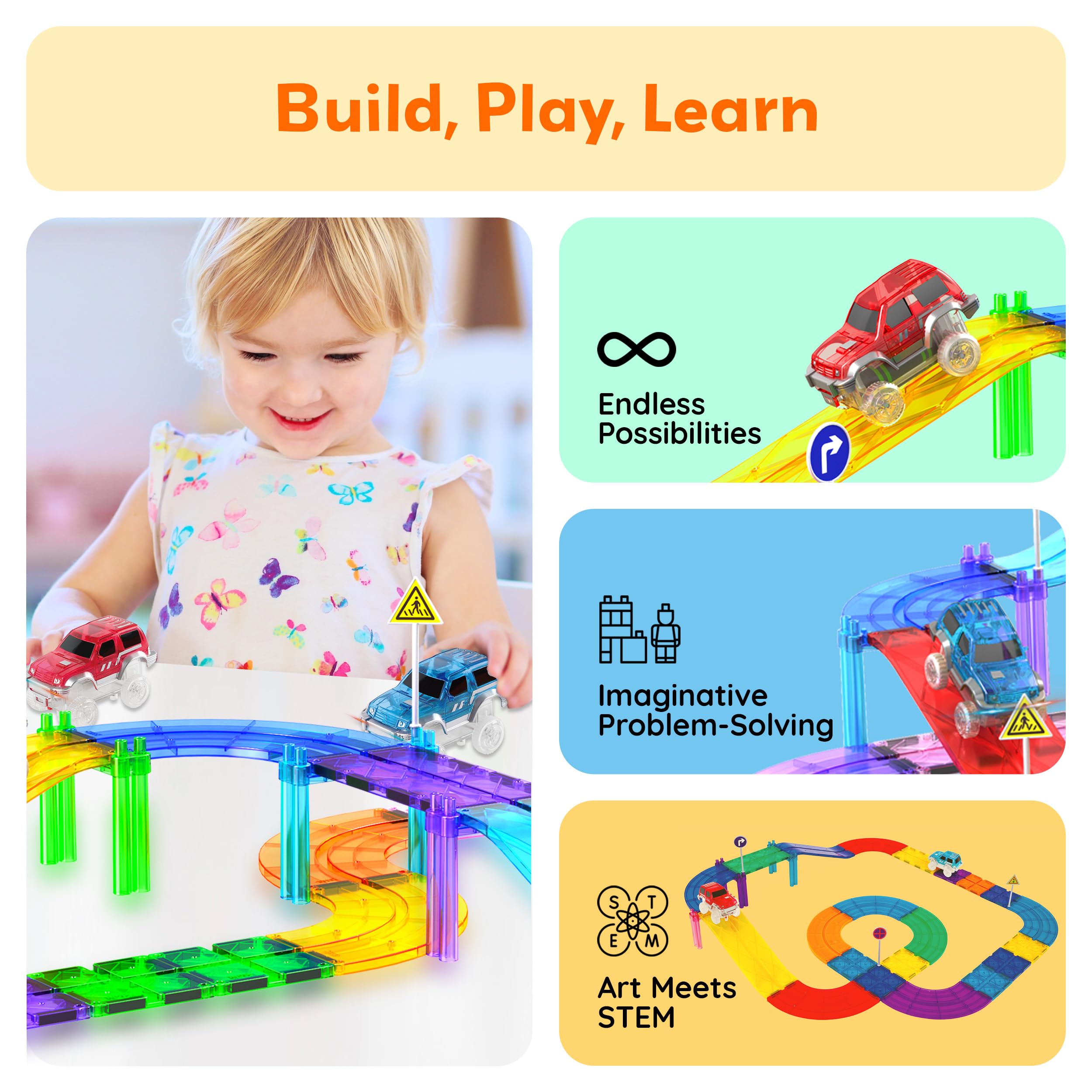 PicassoTiles 2-Pack Magnetic Toy Cars with LED Lights – Compatible with Magnet Race Track Sets, STEM Building Toy for Kids Ages 3+