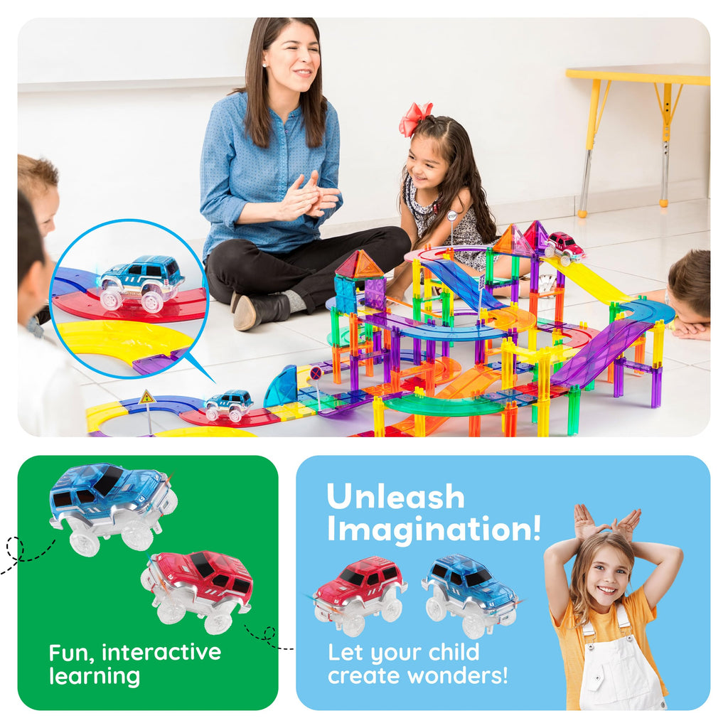 PicassoTiles 2-Pack Magnetic Toy Cars with LED Lights – Compatible with Magnet Race Track Sets, STEM Building Toy for Kids Ages 3+