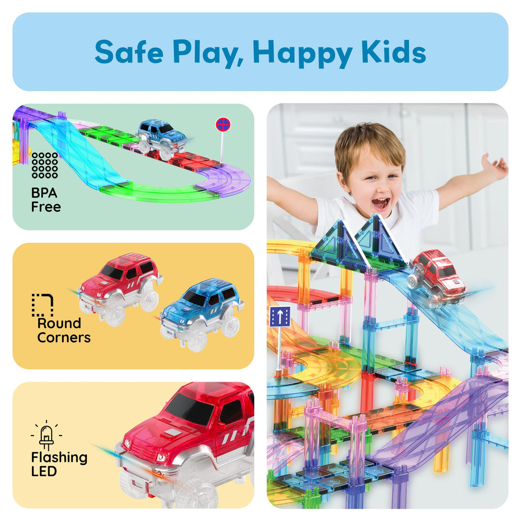 PicassoTiles 2-Pack Magnetic Toy Cars with LED Lights – Compatible with Magnet Race Track Sets, STEM Building Toy for Kids Ages 3+