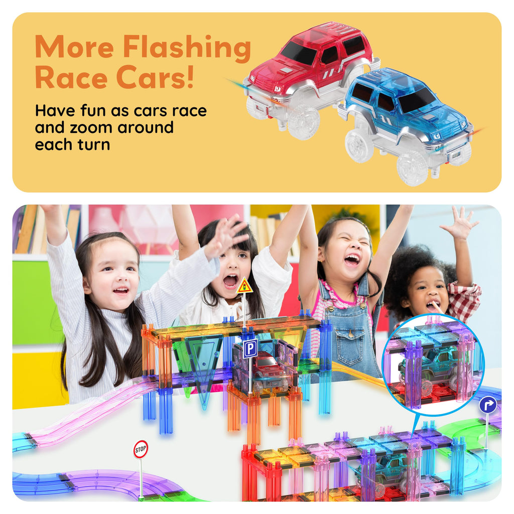 PicassoTiles 2-Pack Magnetic Toy Cars with LED Lights – Compatible with Magnet Race Track Sets, STEM Building Toy for Kids Ages 3+