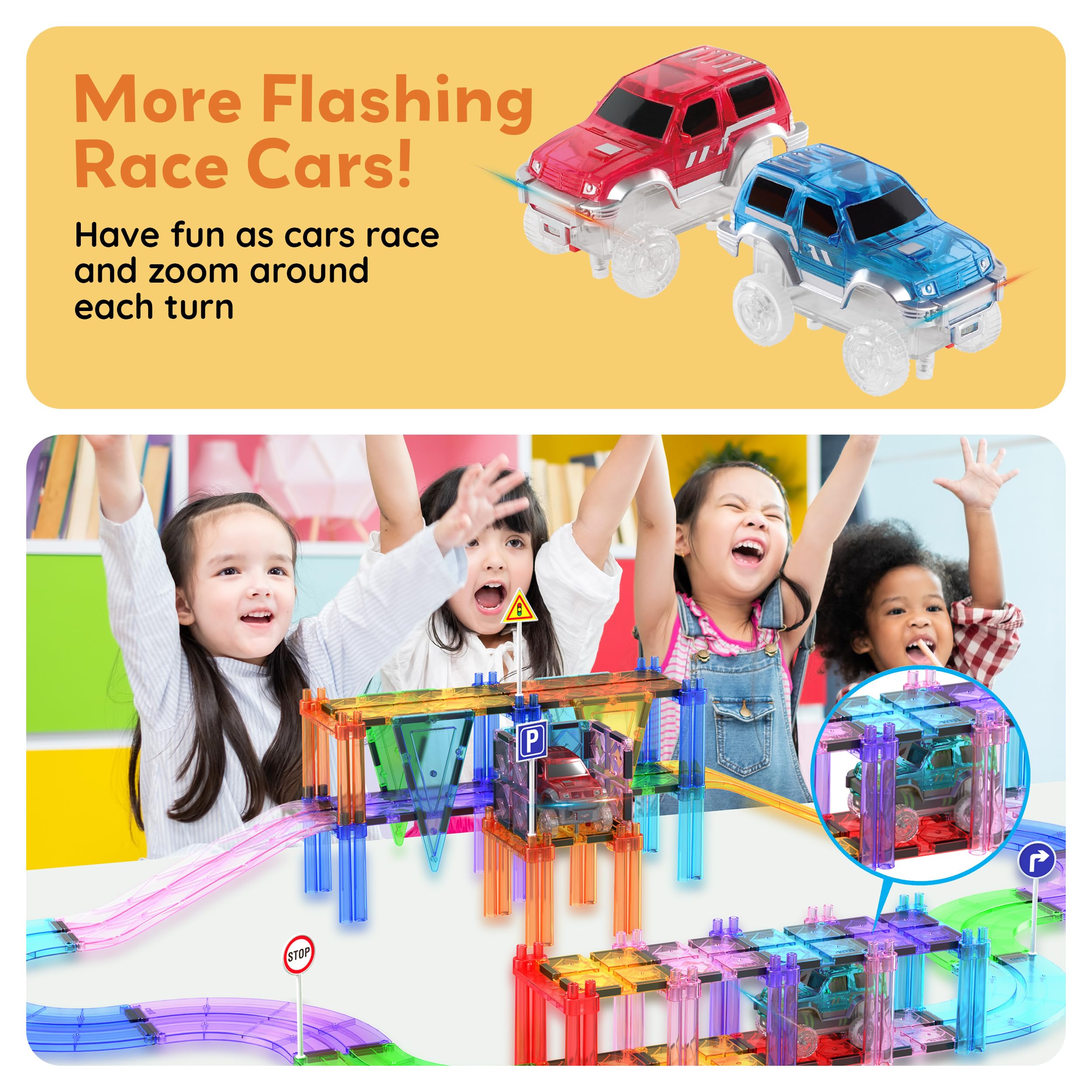 PicassoTiles 2-Pack Magnetic Toy Cars with LED Lights – Compatible with Magnet Race Track Sets, STEM Building Toy for Kids Ages 3+