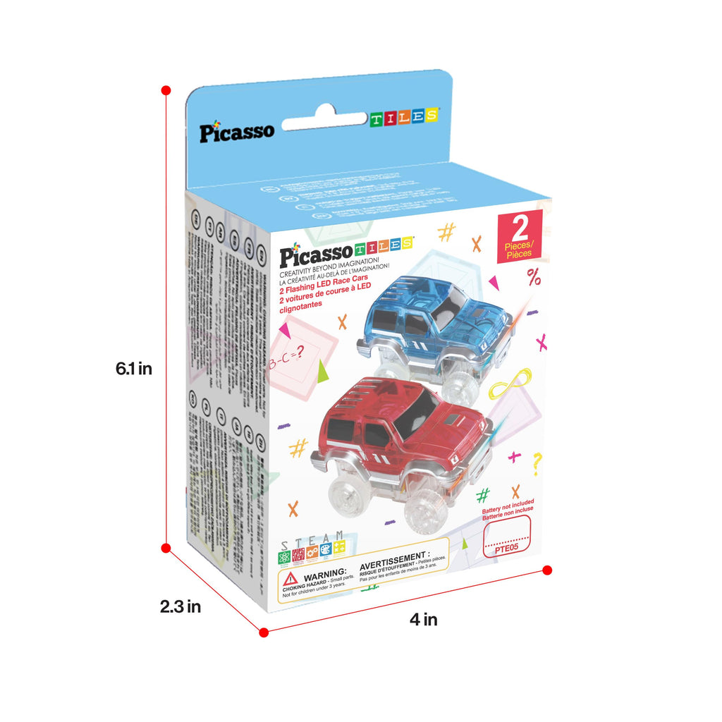 PicassoTiles 2-Pack Magnetic Toy Cars with LED Lights – Compatible with Magnet Race Track Sets, STEM Building Toy for Kids Ages 3+