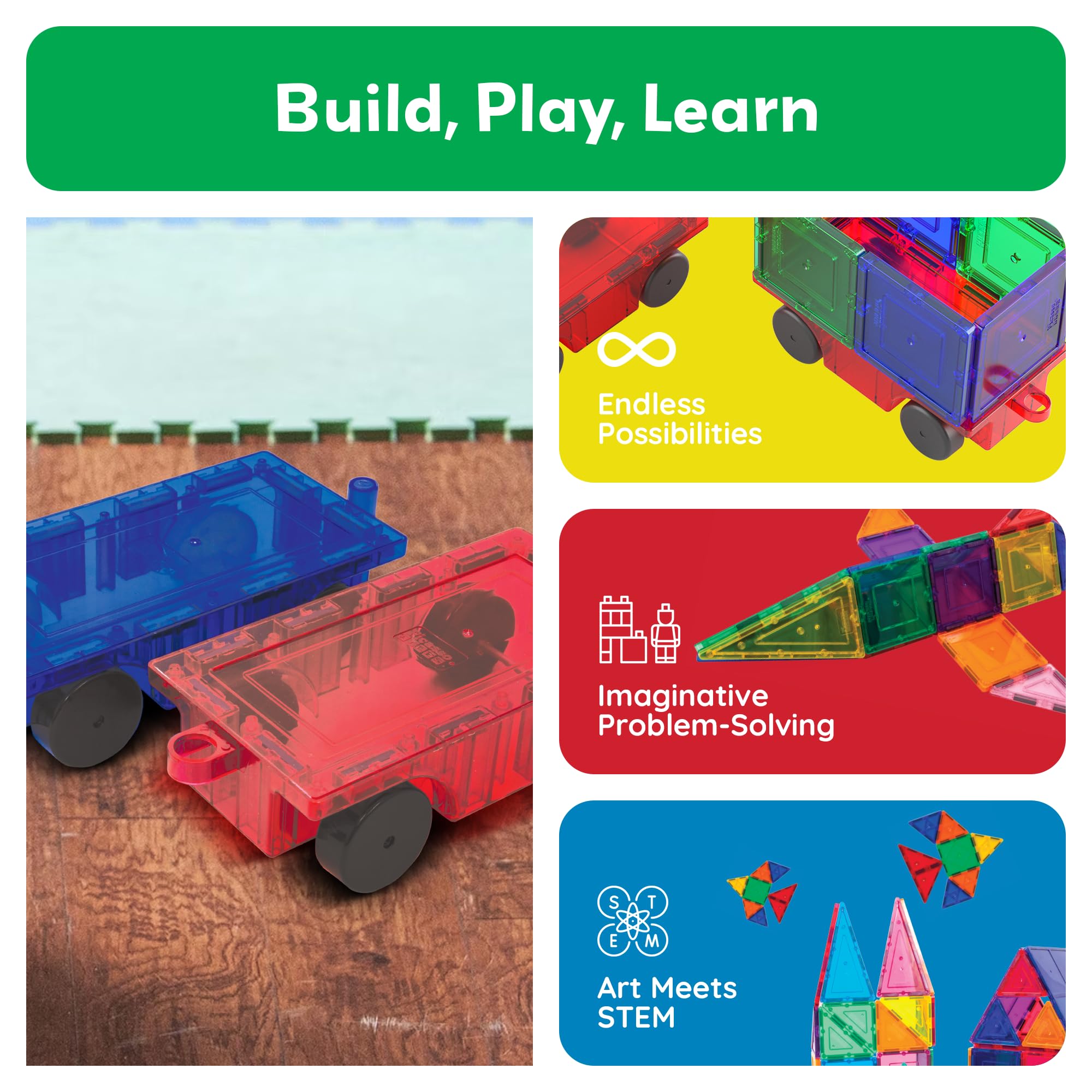 PicassoTiles 2 Piece Magnetic Car & Truck Construction Kit for Building Blocks
