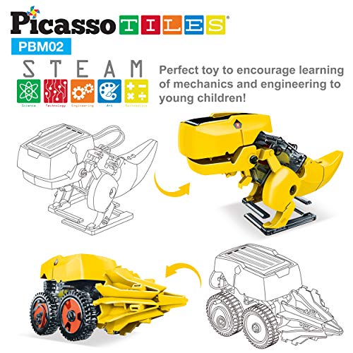 PicassoTiles 3-in-1 Solar Dinosaur Robot STEM Toy – Walking T-Rex, Insect & Tank – Ages 8+
