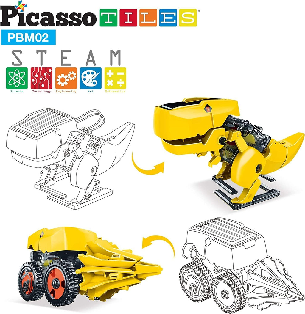 PicassoTiles 3-in-1 Solar Dinosaur Robot STEM Toy – Walking T-Rex, Insect & Tank – Ages 8+