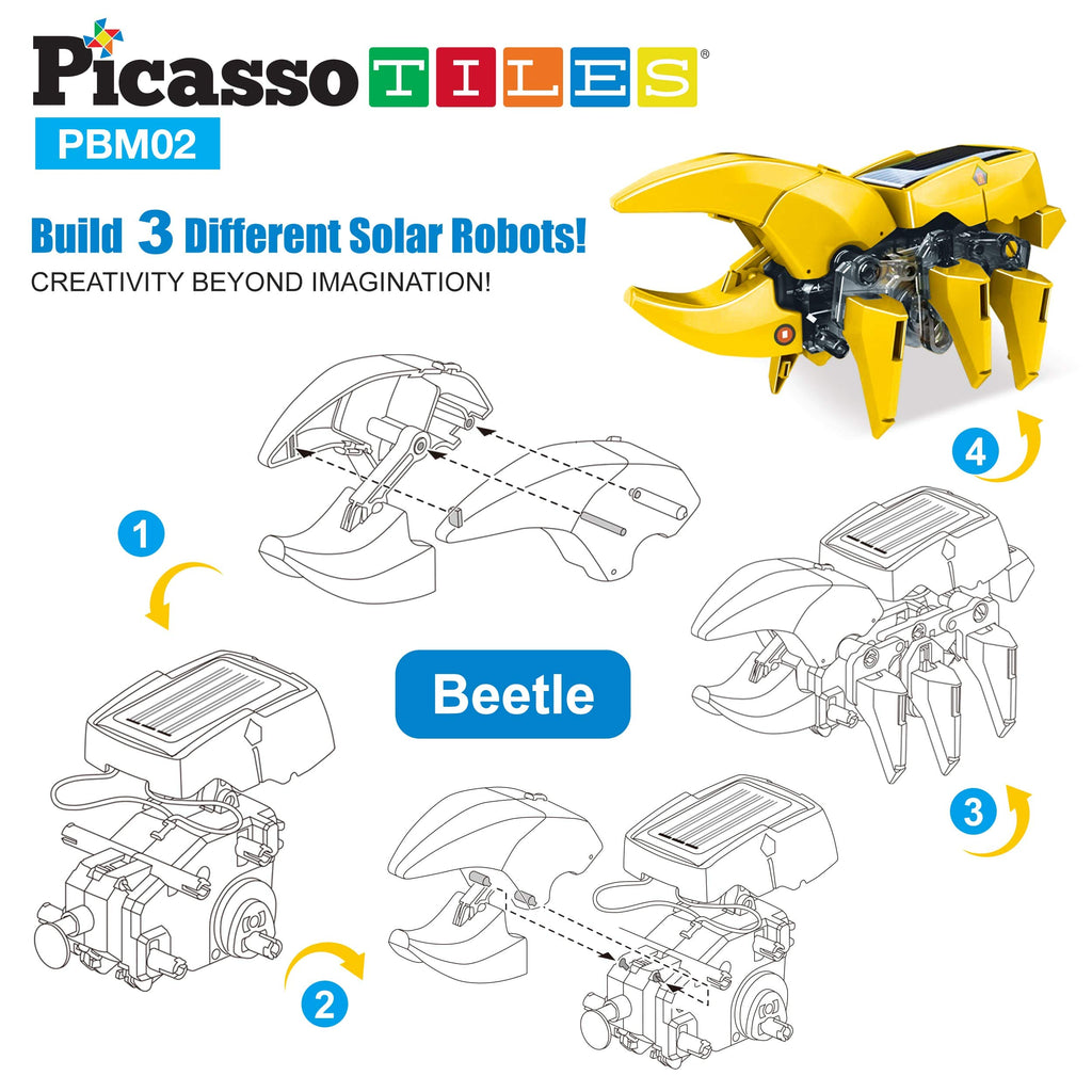 PicassoTiles 3-in-1 Solar Dinosaur Robot STEM Toy – Walking T-Rex, Insect & Tank – Ages 8+