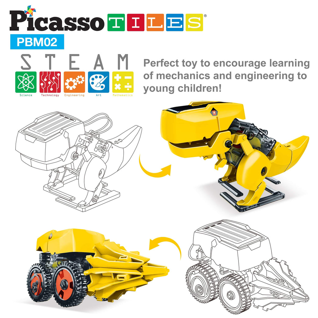 PicassoTiles 3-in-1 Solar Dinosaur Robot STEM Toy – Walking T-Rex, Insect & Tank – Ages 8+