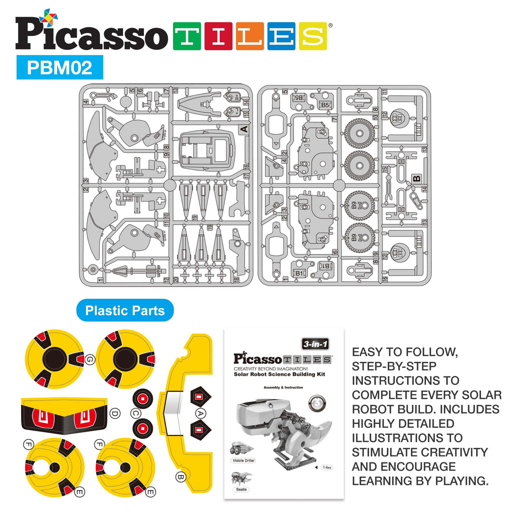 PicassoTiles 3-in-1 Solar Dinosaur Robot STEM Toy – Walking T-Rex, Insect & Tank – Ages 8+