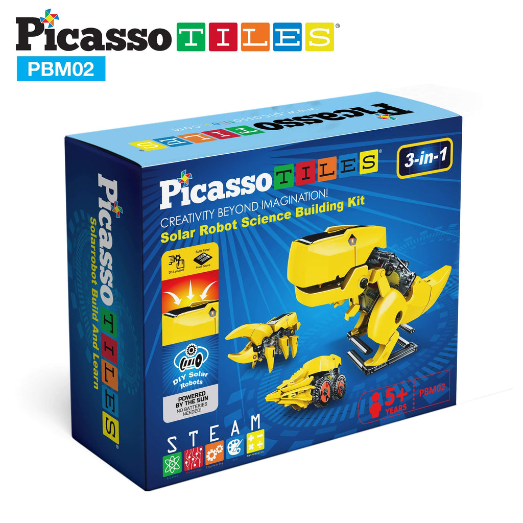 PicassoTiles 3-in-1 Solar Dinosaur Robot STEM Toy – Walking T-Rex, Insect & Tank – Ages 8+