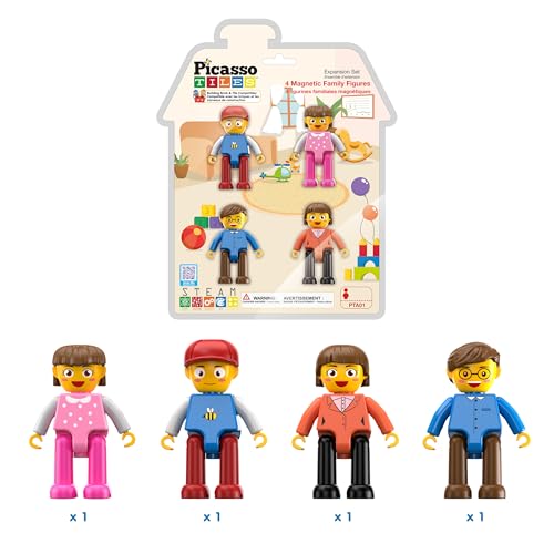 PicassoTiles 4-Pack Magnetic Family Figures - Dad, Mom, Boy & Girl Add-On Set for Magnetic Tile Building Blocks, STEM Toy for Ages 3+