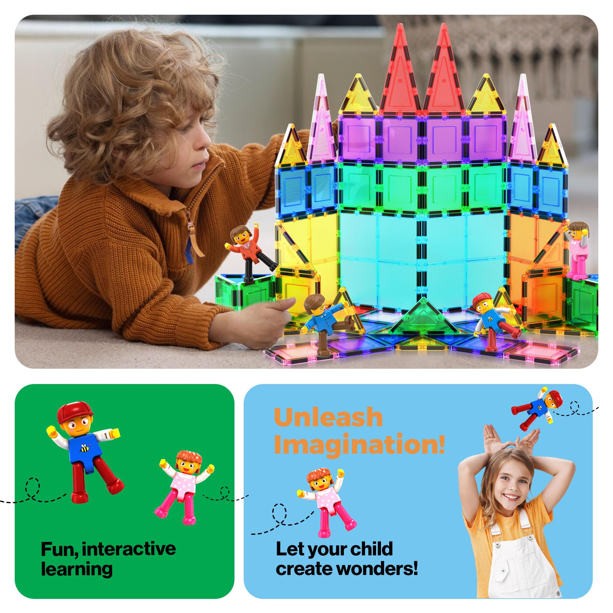 PicassoTiles 4-Pack Magnetic Family Figures - Dad, Mom, Boy & Girl Add-On Set for Magnetic Tile Building Blocks, STEM Toy for Ages 3+