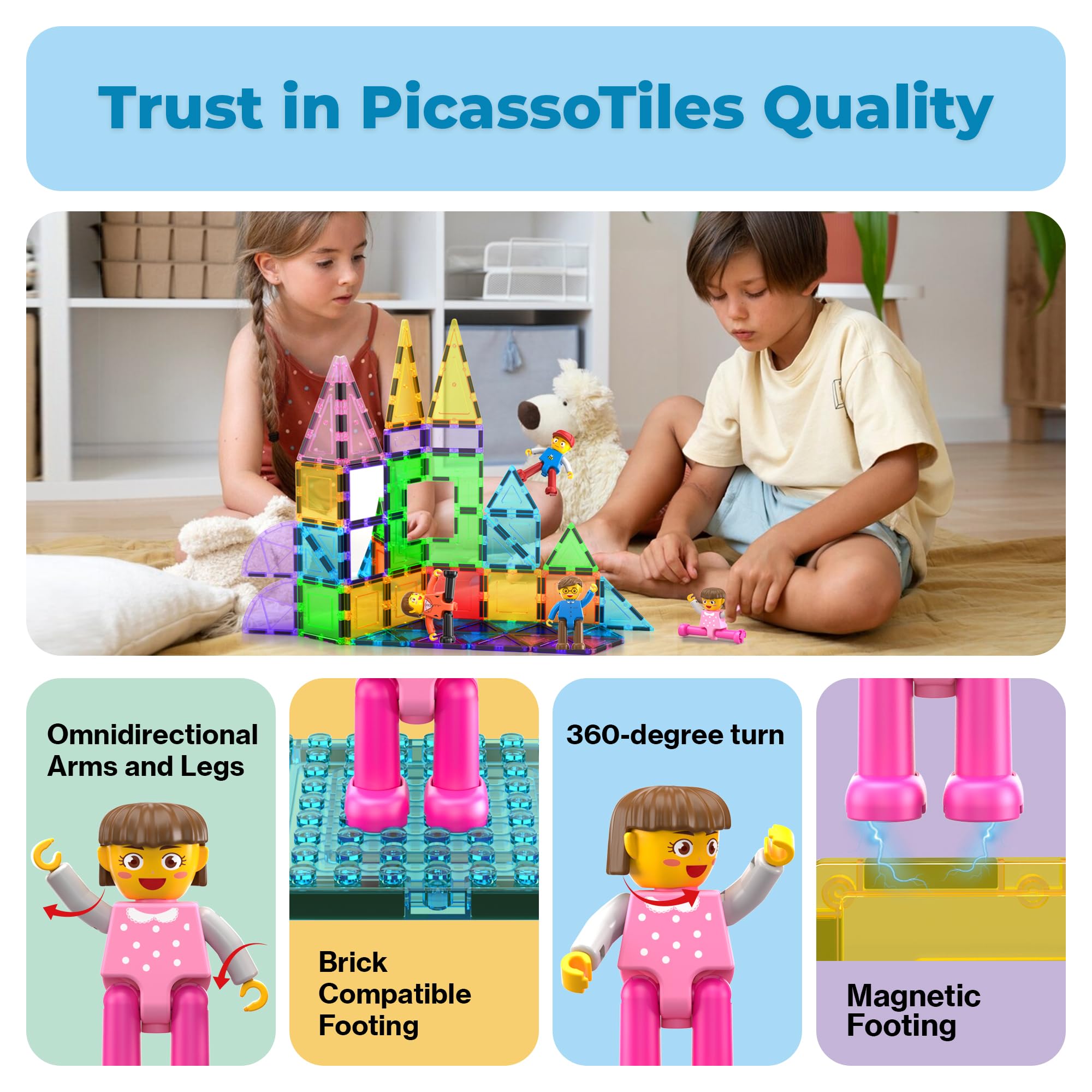 PicassoTiles 4-Pack Magnetic Family Figures - Dad, Mom, Boy & Girl Add-On Set for Magnetic Tile Building Blocks, STEM Toy for Ages 3+
