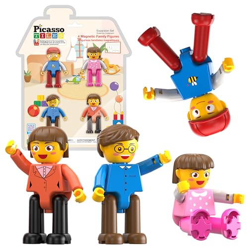 PicassoTiles 4-Pack Magnetic Family Figures - Dad, Mom, Boy & Girl Add-On Set for Magnetic Tile Building Blocks, STEM Toy for Ages 3+