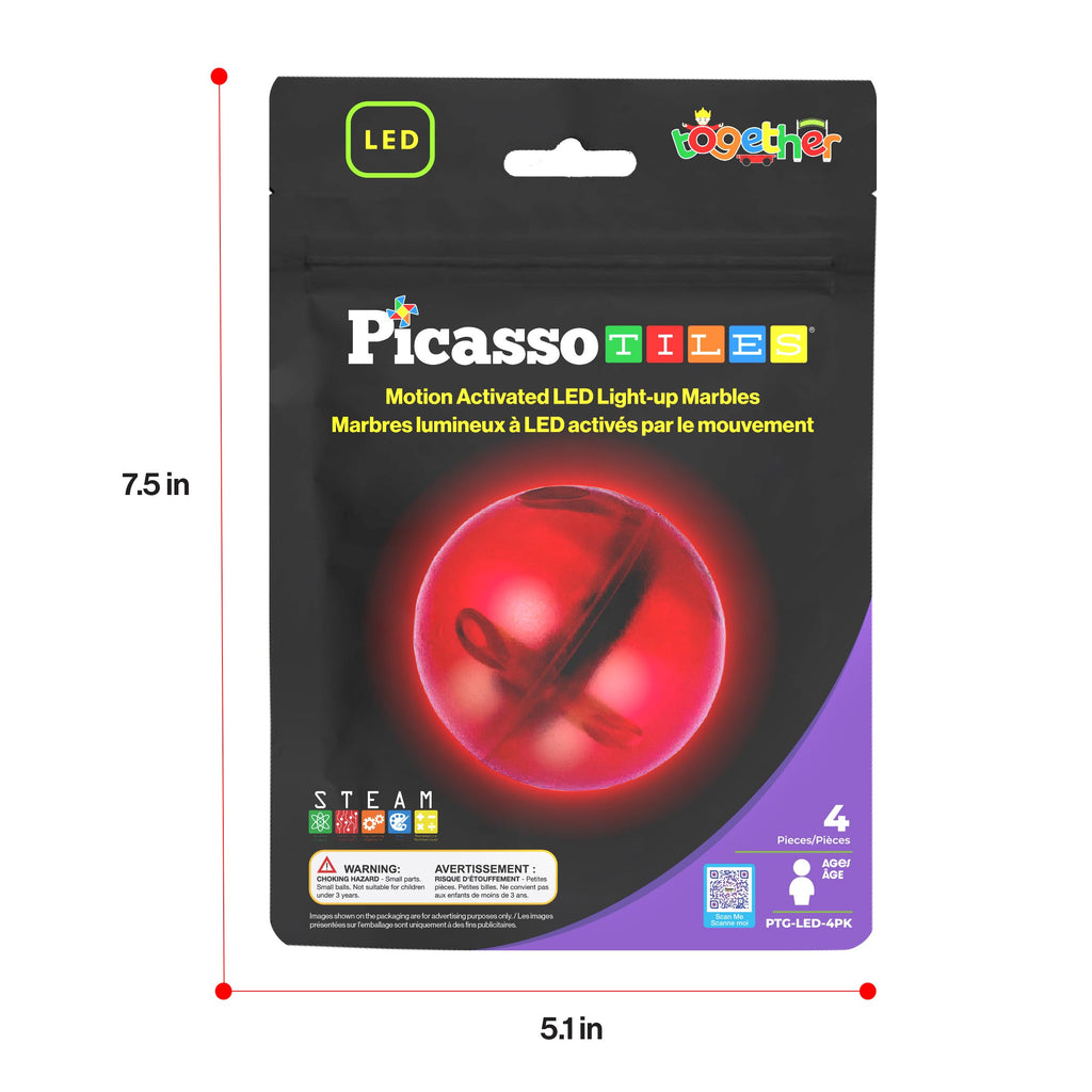 PicassoTiles 4-Pack Motion-Activated LED Marbles – Glow-in-the-Dark Translucent Balls for Marble Runs and Magnetic Tile Sets