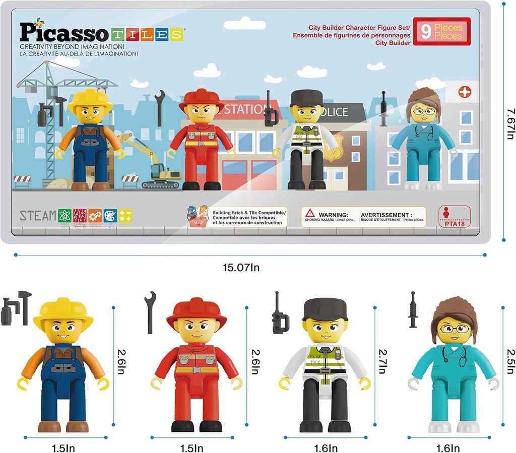 PicassoTiles 4-Piece Magnetic Action Figures: Fireman, Nurse, Police, Construction – STEM Building Toy Expansion Set for Ages 3+