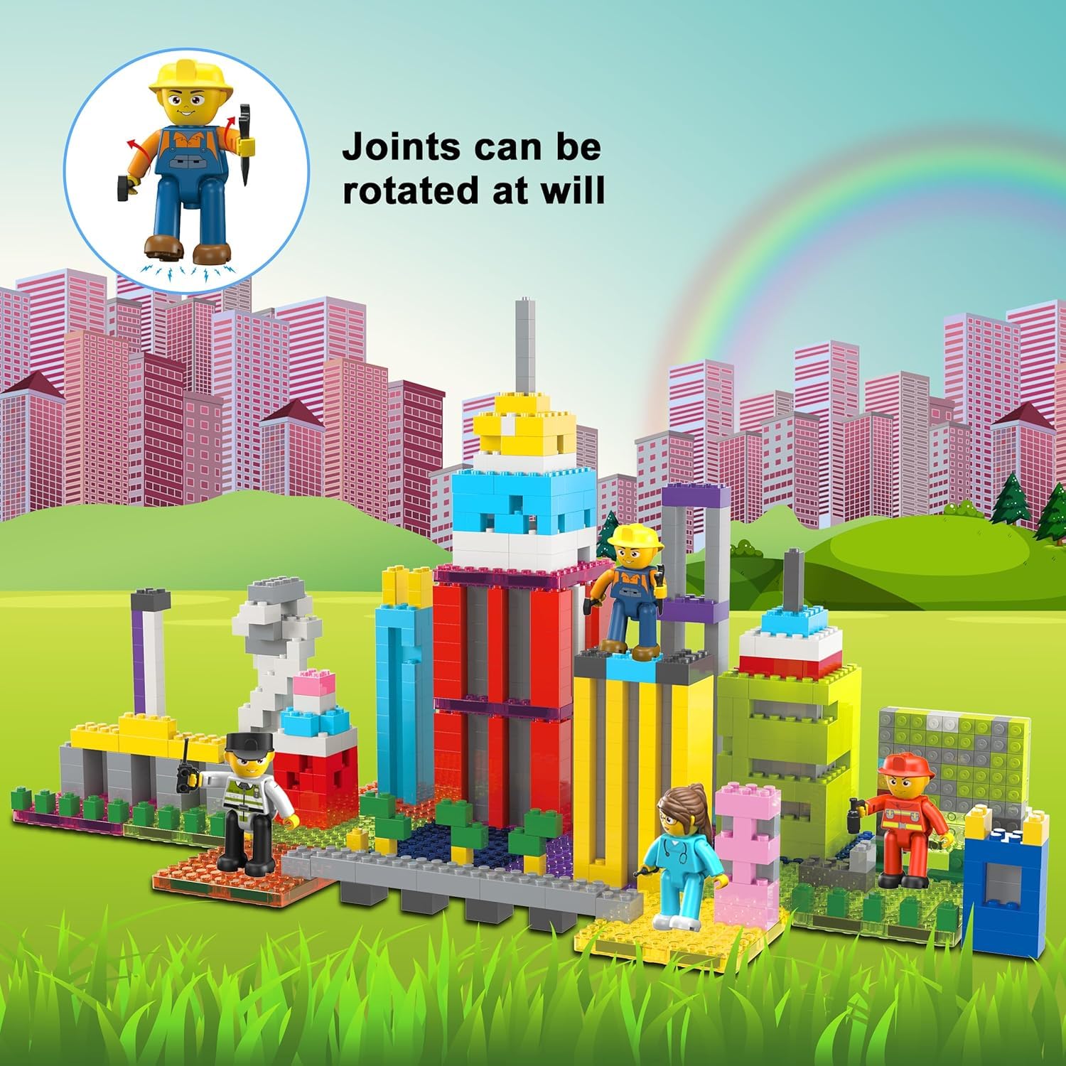 PicassoTiles 4-Piece Magnetic Action Figures: Fireman, Nurse, Police, Construction – STEM Building Toy Expansion Set for Ages 3+