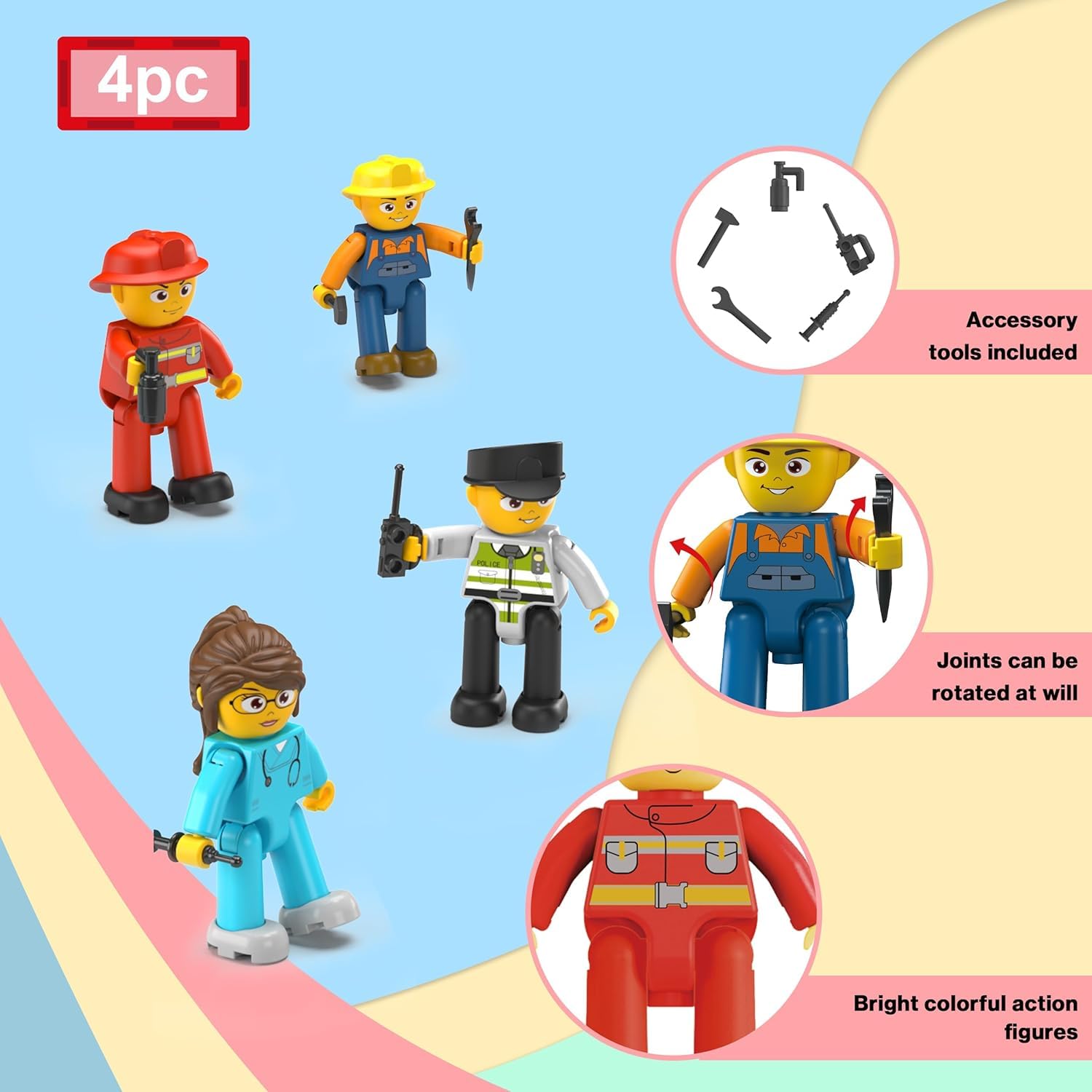 PicassoTiles 4-Piece Magnetic Action Figures: Fireman, Nurse, Police, Construction – STEM Building Toy Expansion Set for Ages 3+
