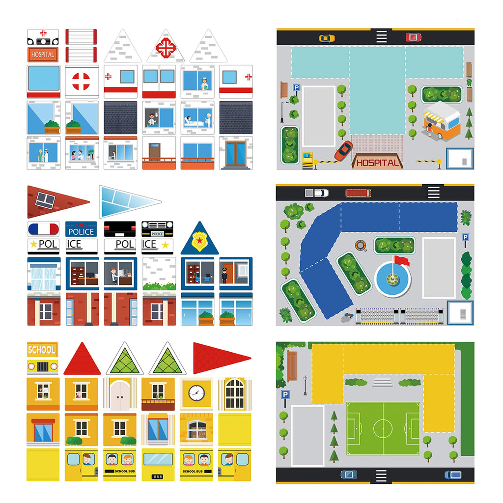 PicassoTiles 80-Piece 3-in-1 Theme Set – School, Hospital, Police Station Stick-On Graphics for Magnetic Building Blocks