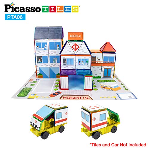 PicassoTiles 80-Piece 3-in-1 Theme Set – School, Hospital, Police Station Stick-On Graphics for Magnetic Building Blocks
