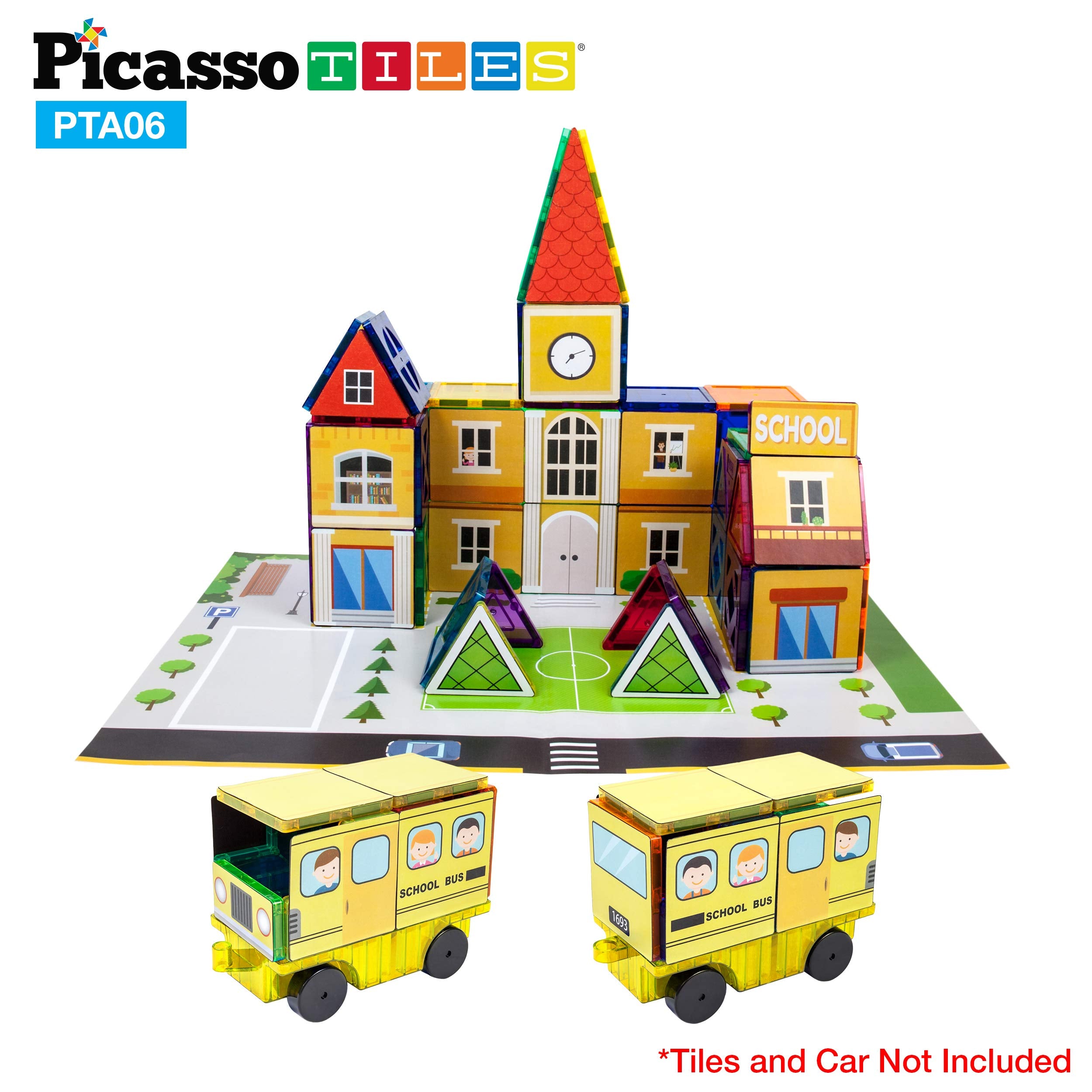 PicassoTiles 80-Piece 3-in-1 Theme Set – School, Hospital, Police Station Stick-On Graphics for Magnetic Building Blocks