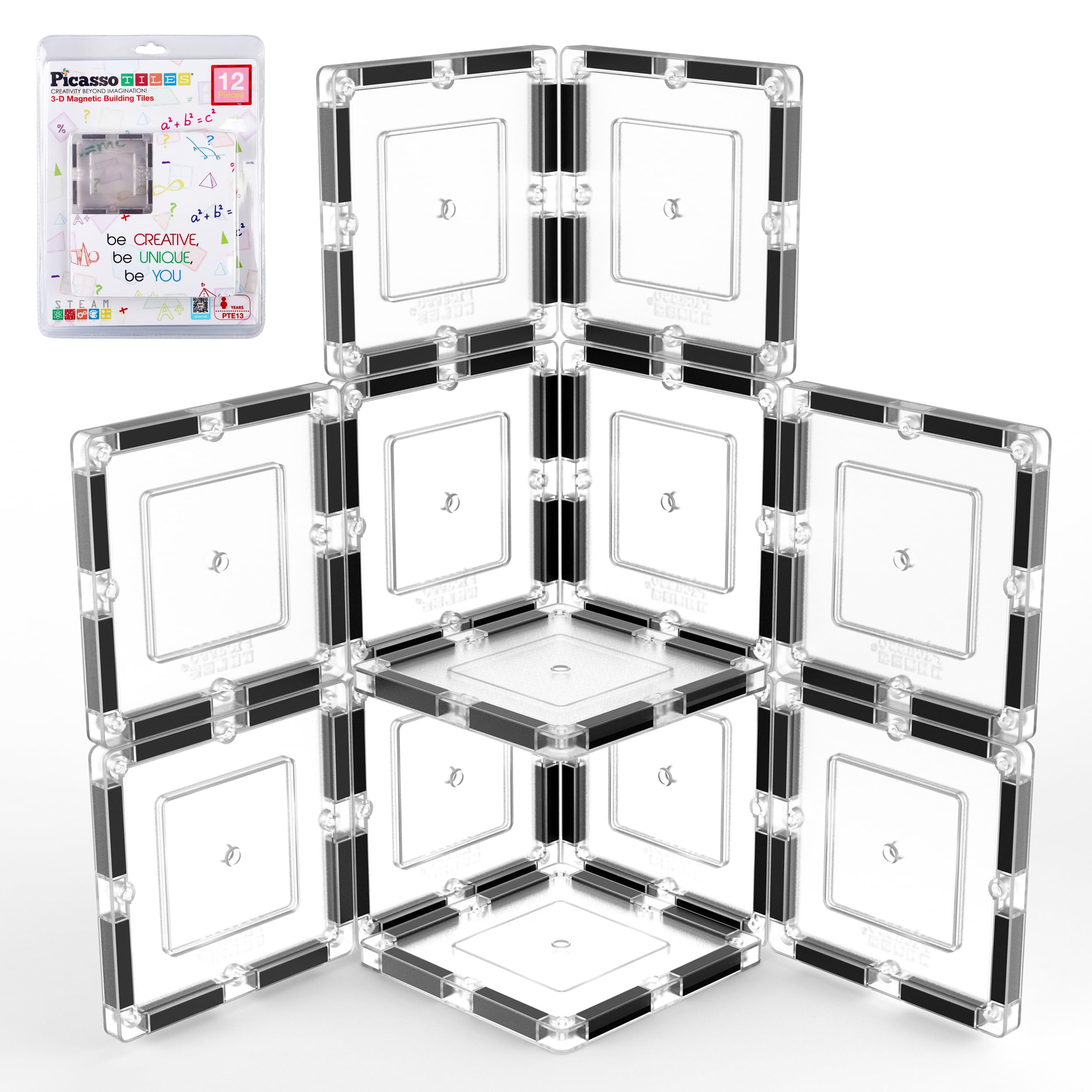 PicassoTiles Clear Transparent Magnetic Tile Expansion Set (12-Piece) STEM Building Toy for Kids Age 3+