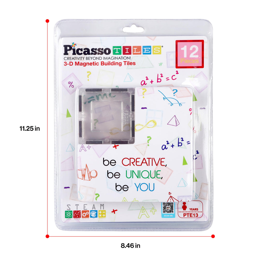 PicassoTiles Clear Transparent Magnetic Tile Expansion Set (12-Piece) STEM Building Toy for Kids Age 3+
