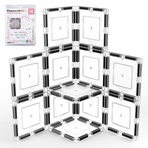 PicassoTiles Clear Transparent Magnetic Tile Expansion Set (12-Piece) STEM Building Toy for Kids Age 3+