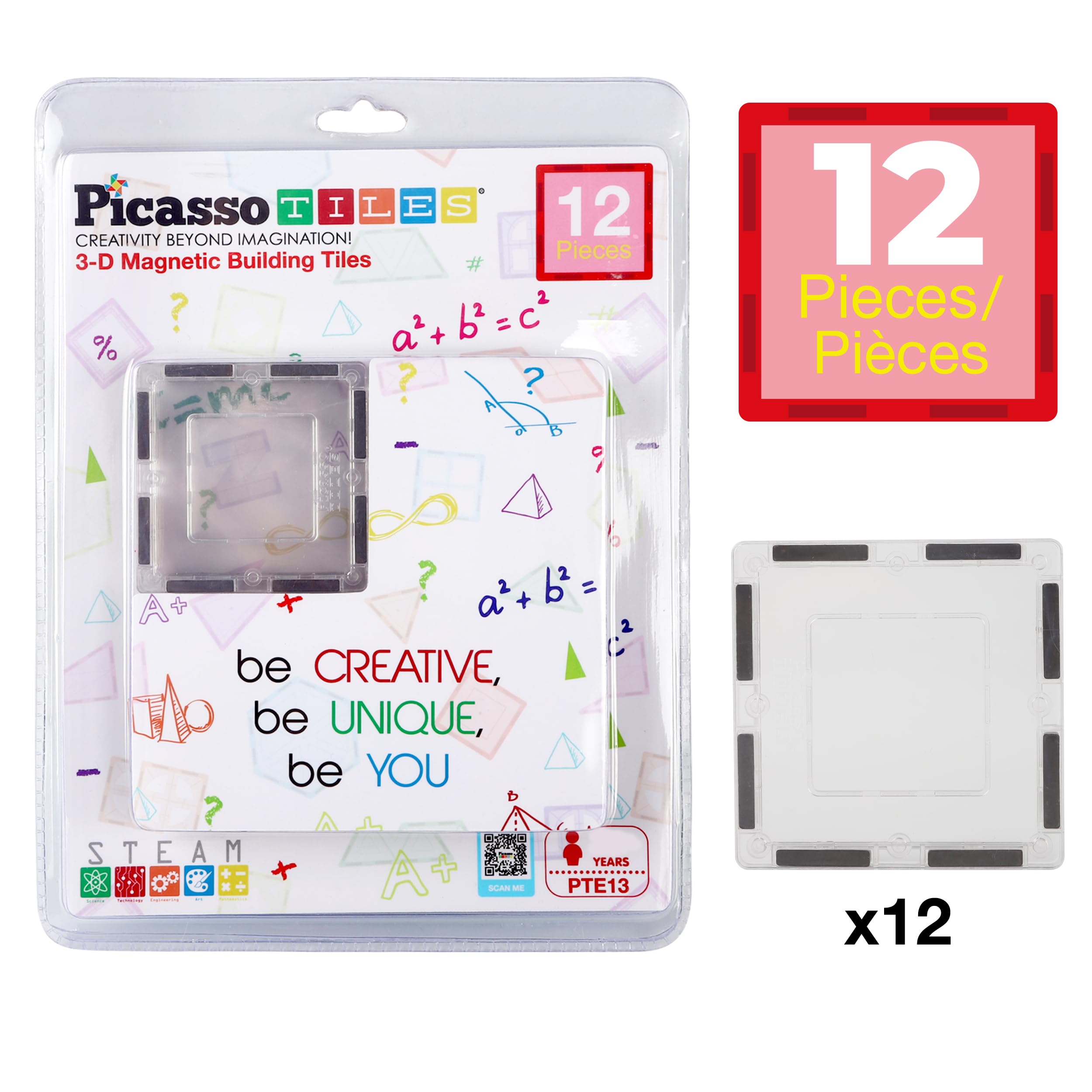 PicassoTiles Clear Transparent Magnetic Tile Expansion Set (12-Piece) STEM Building Toy for Kids Age 3+