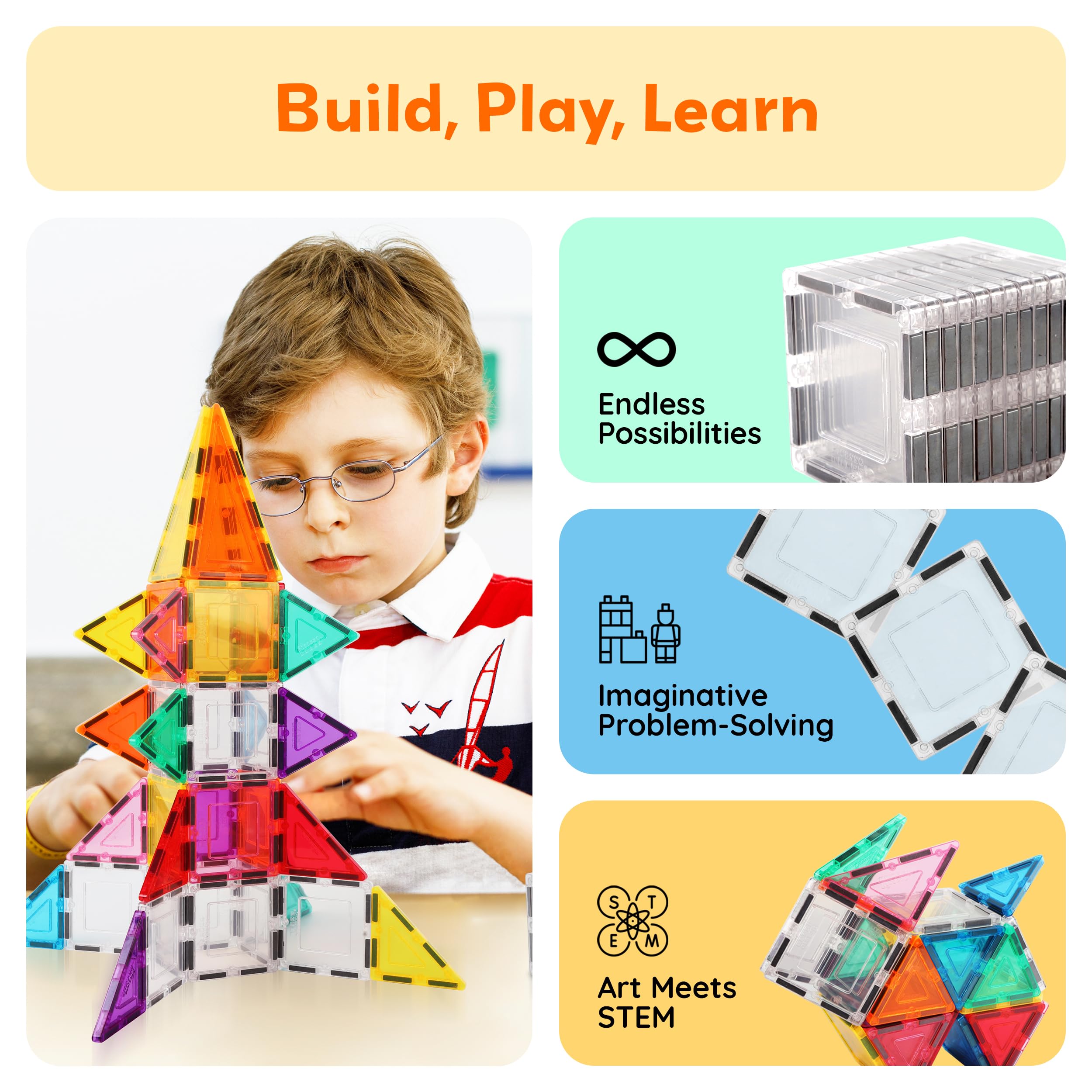 PicassoTiles Clear Transparent Magnetic Tile Expansion Set (12-Piece) STEM Building Toy for Kids Age 3+