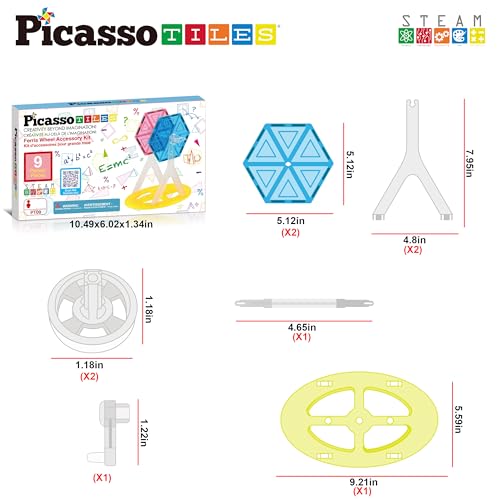 PicassoTiles Ferris Wheel Magnetic Tile Accessory Kit - 9 Pieces Rotating STEM Toy for Ages 3+