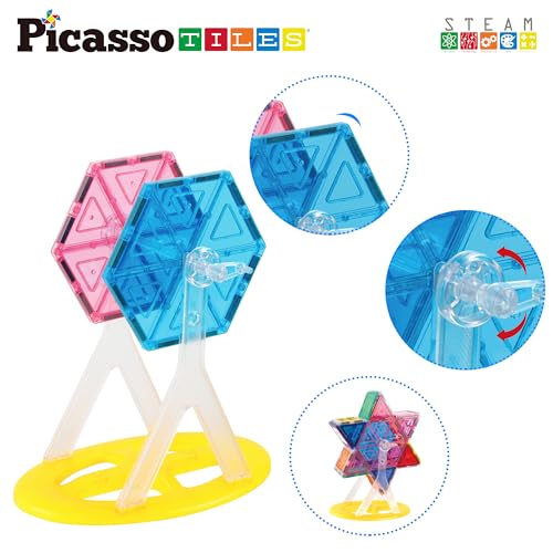 PicassoTiles Ferris Wheel Magnetic Tile Accessory Kit - 9 Pieces Rotating STEM Toy for Ages 3+