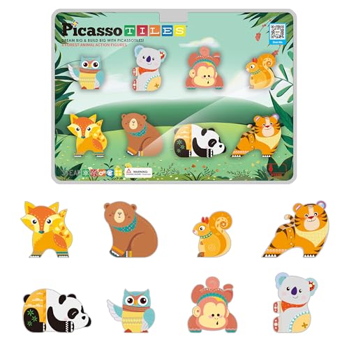PicassoTiles Forest Animal Magnetic Action Figures Set - 8 Pieces Compatible with Building Tiles, STEM Learning Toys for Ages 3+