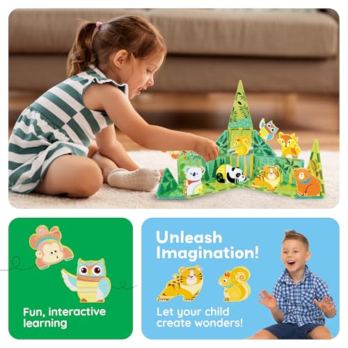 PicassoTiles Forest Animal Magnetic Action Figures Set - 8 Pieces Compatible with Building Tiles, STEM Learning Toys for Ages 3+