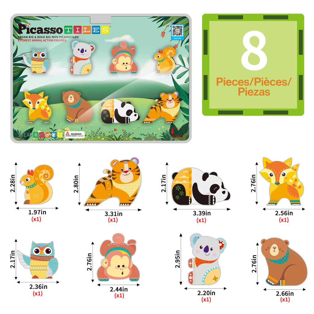 PicassoTiles Forest Animal Magnetic Action Figures Set - 8 Pieces Compatible with Building Tiles, STEM Learning Toys for Ages 3+