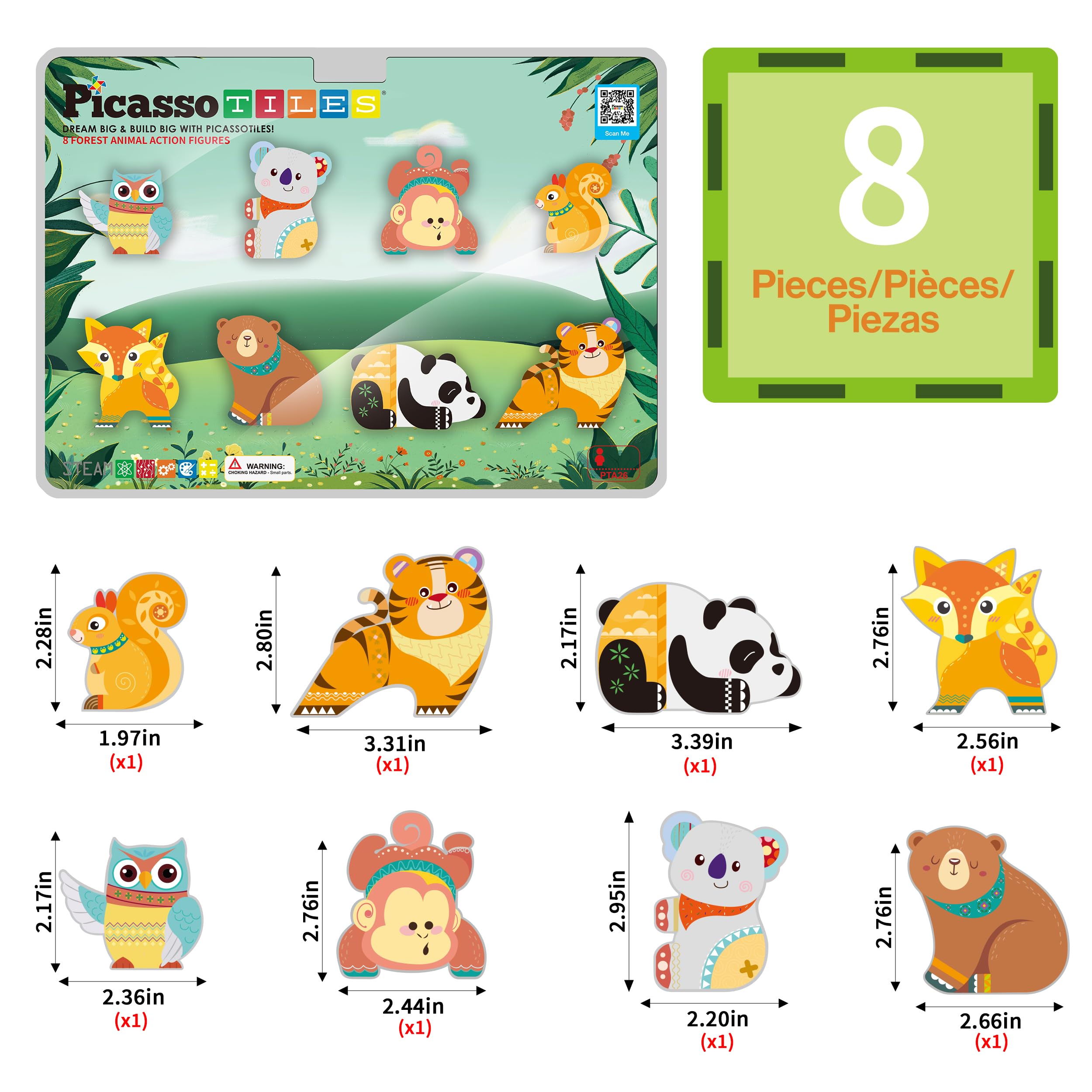 PicassoTiles Forest Animal Magnetic Action Figures Set - 8 Pieces Compatible with Building Tiles, STEM Learning Toys for Ages 3+