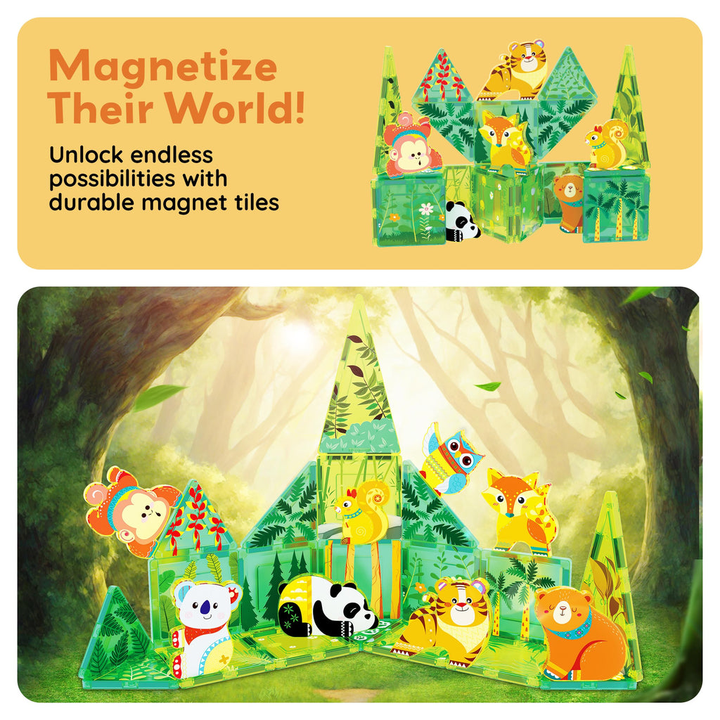 PicassoTiles Forest Animal Magnetic Action Figures Set - 8 Pieces Compatible with Building Tiles, STEM Learning Toys for Ages 3+