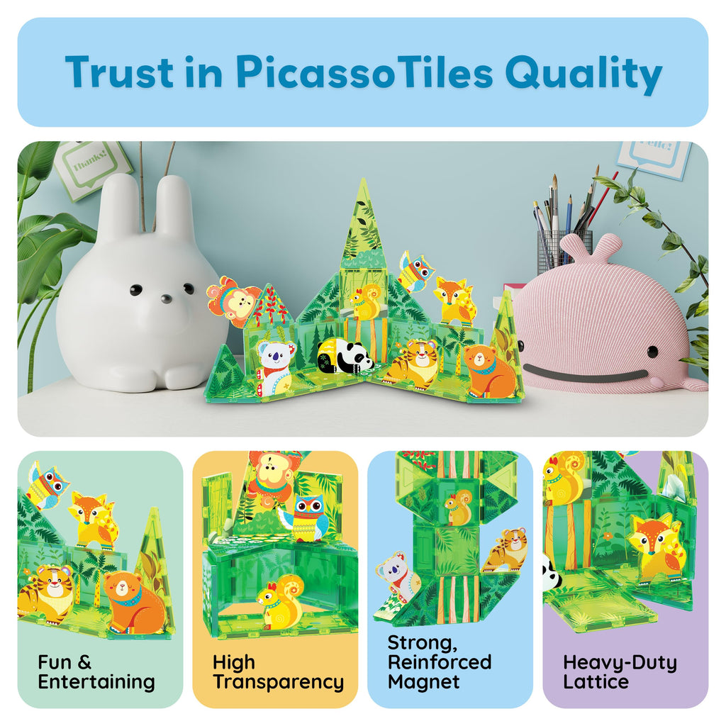 PicassoTiles Forest Animal Magnetic Action Figures Set - 8 Pieces Compatible with Building Tiles, STEM Learning Toys for Ages 3+