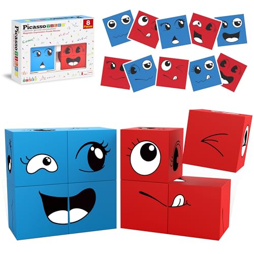 PicassoTiles Magnetic Expression Puzzle - 8-Piece Mix & Match Cube Set with 36 Cards, STEM Learning Toy for Ages 3+