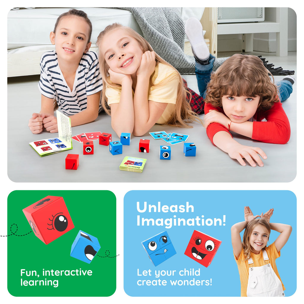 PicassoTiles Magnetic Expression Puzzle - 8-Piece Mix & Match Cube Set with 36 Cards, STEM Learning Toy for Ages 3+